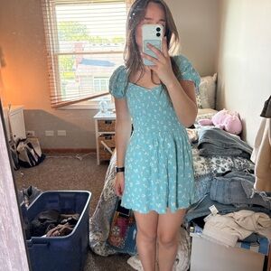 Floral Blue/Teal Puff Sleeve Dress American Eagle